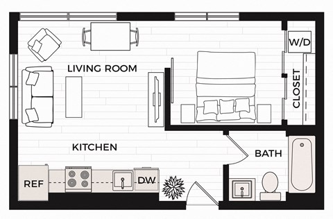 Floor plan for 1 bed, 1 bath, 508 sqft